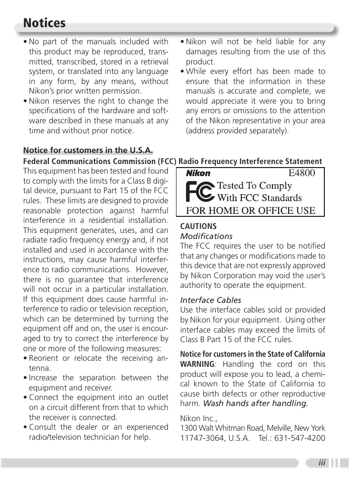Notices, E4800 | Nikon 4800 User Manual | Page 5 / 125