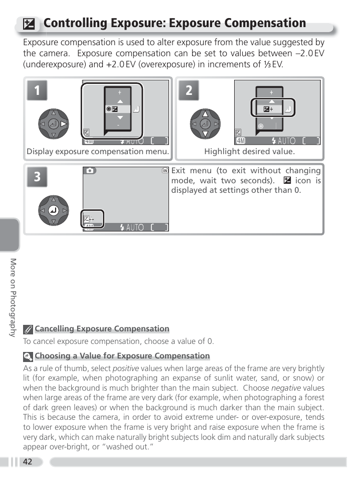 Controlling exposure: exposure compensation | Nikon 4800 User Manual | Page 52 / 125