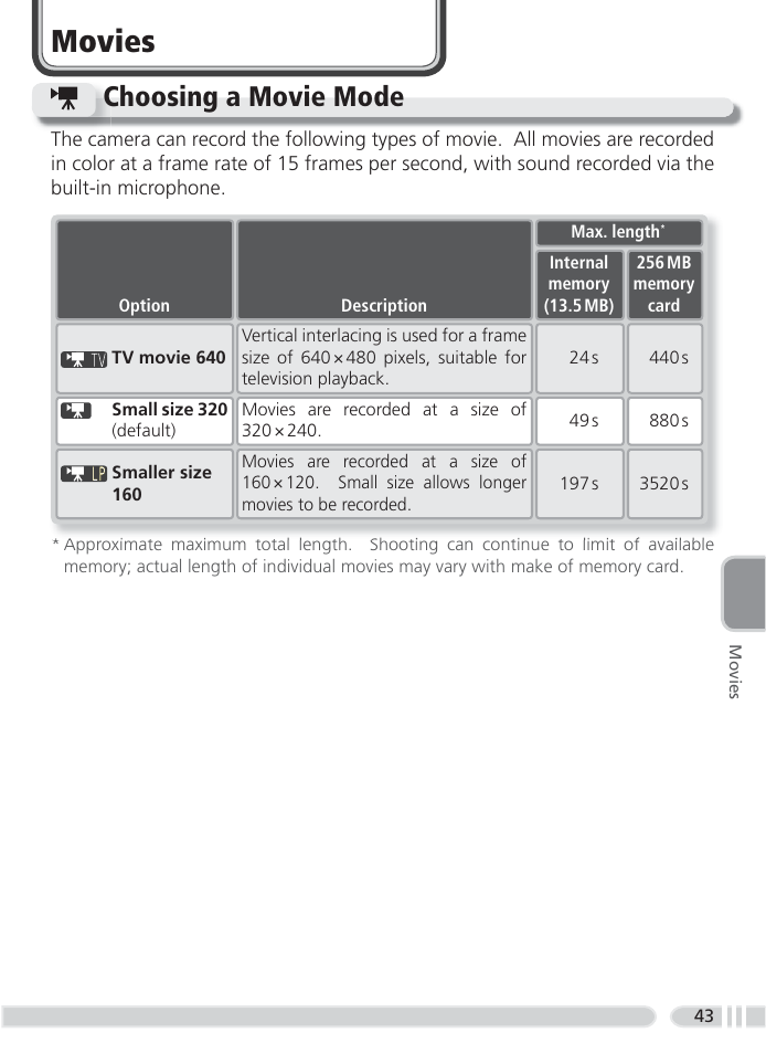 Movies, Choosing a movie mode | Nikon 4800 User Manual | Page 53 / 125