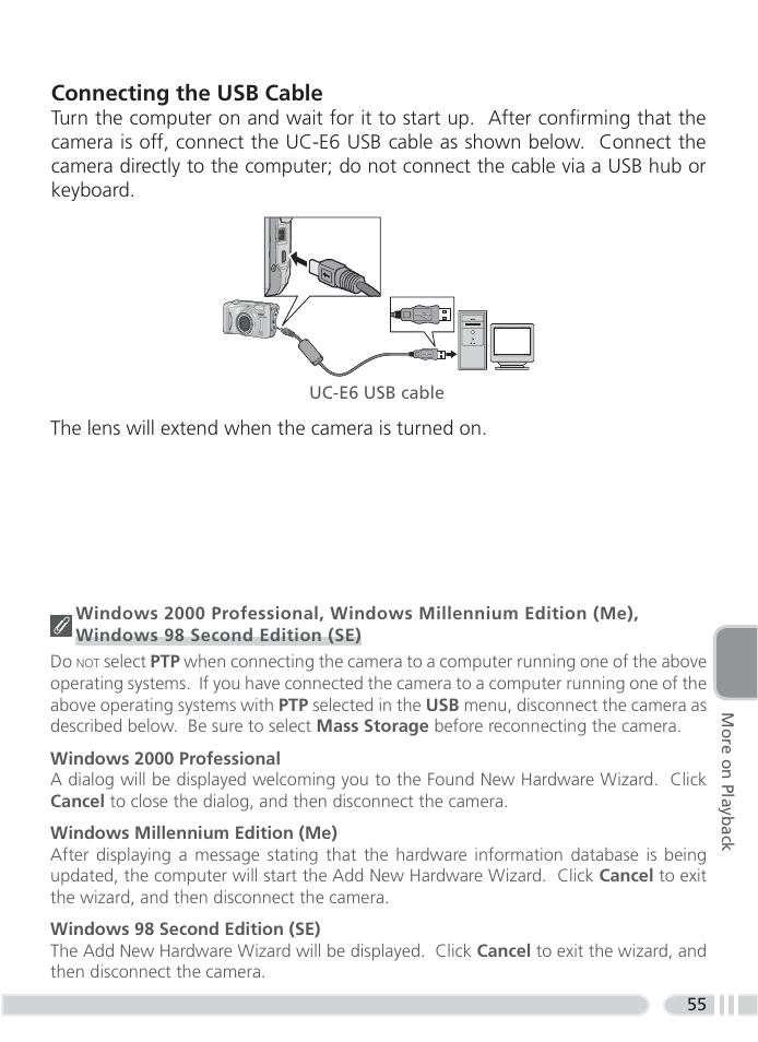 Connecting the usb cable | Nikon 4800 User Manual | Page 65 / 125