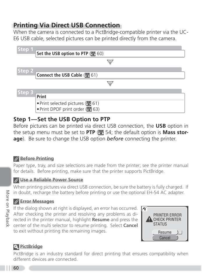 Printing via direct usb connection, Step 1 — set the usb option to ptp | Nikon 4800 User Manual | Page 70 / 125