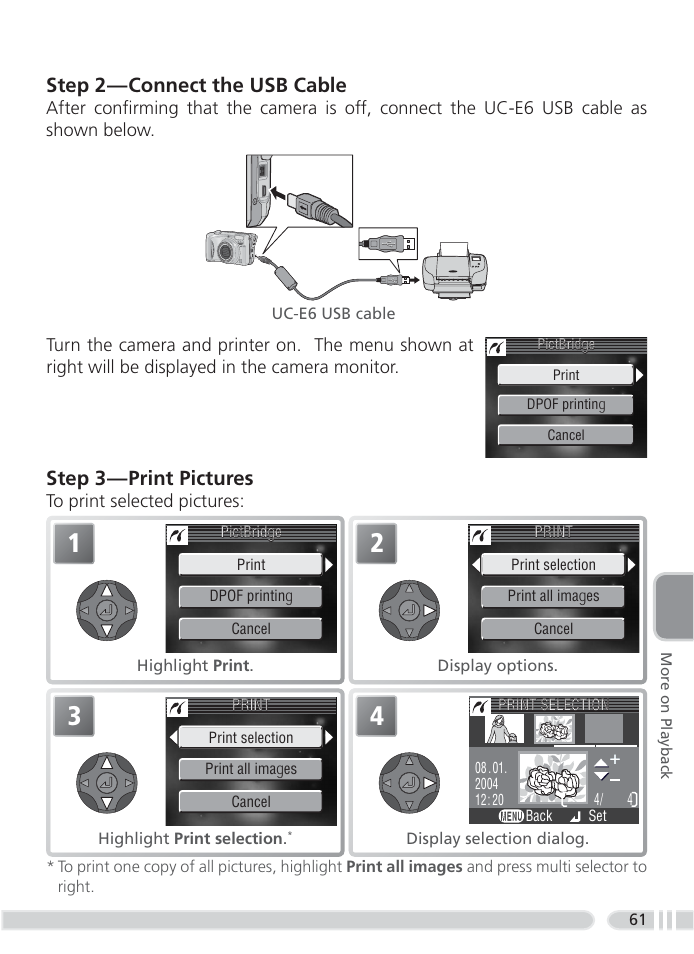 Step 2 — connect the usb cable, Step 3 — print pictures | Nikon 4800 User Manual | Page 71 / 125