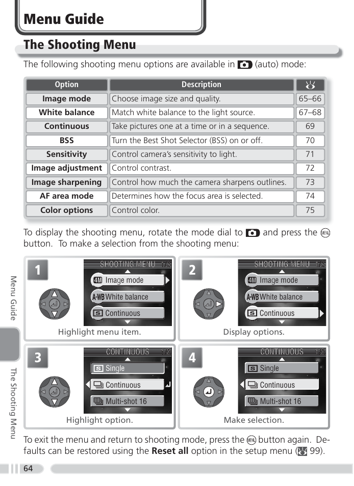 Menu guide, The shooting menu | Nikon 4800 User Manual | Page 74 / 125