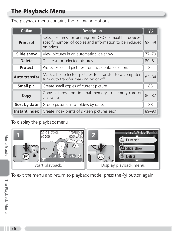 The playback menu | Nikon 4800 User Manual | Page 86 / 125