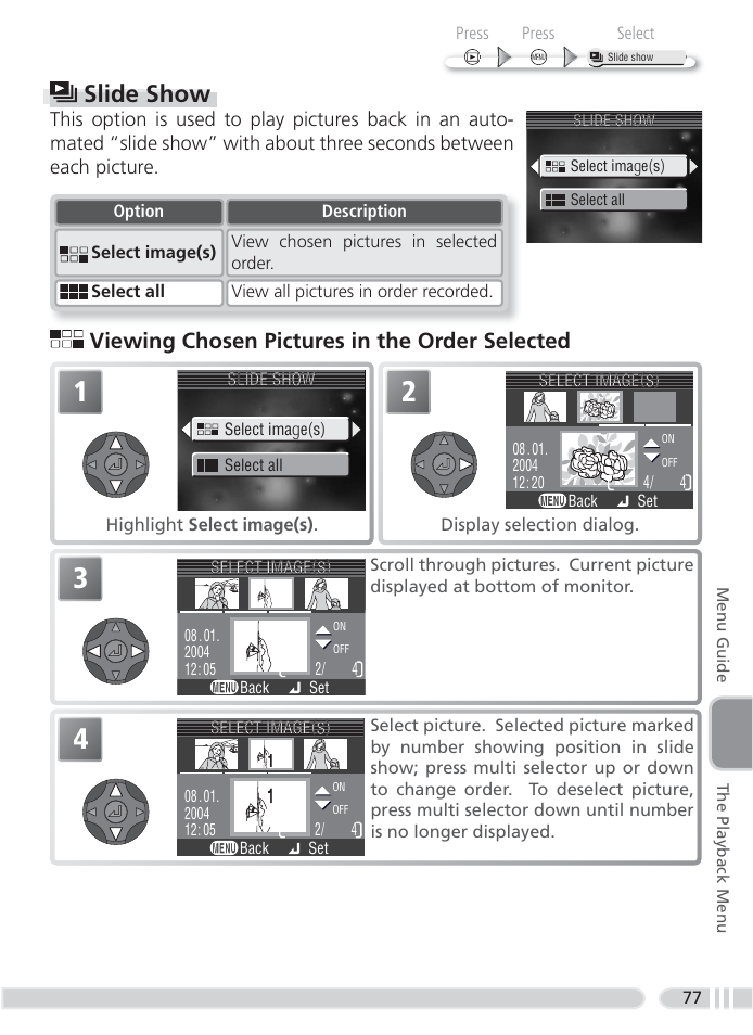 Slide show, Viewing chosen pictures in the order selected | Nikon 4800 User Manual | Page 87 / 125