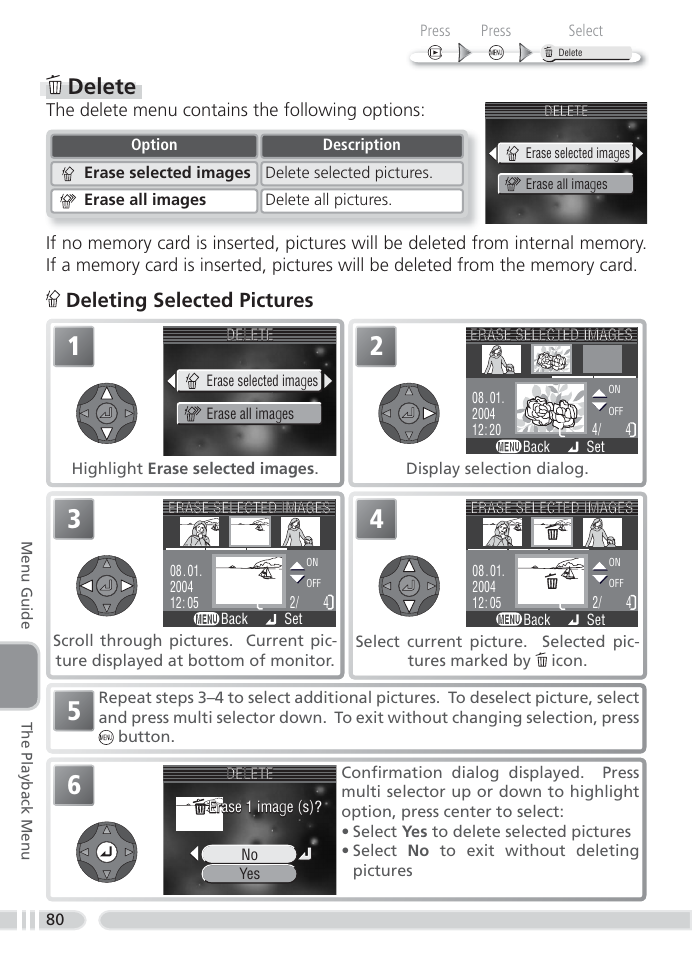 Delete, Deleting selected pictures | Nikon 4800 User Manual | Page 90 / 125