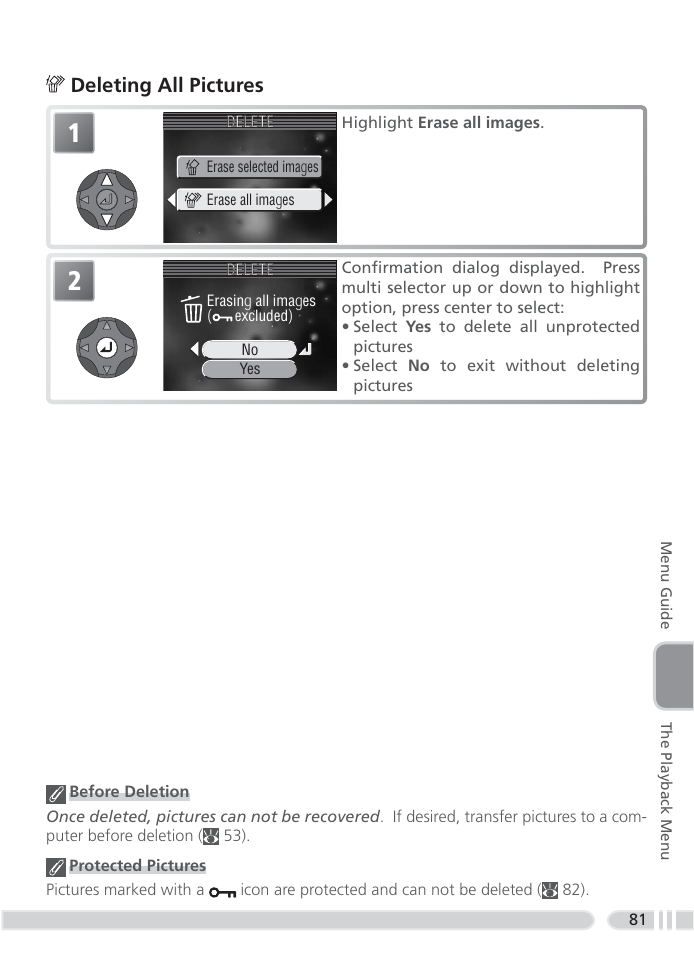 Deleting all pictures | Nikon 4800 User Manual | Page 91 / 125