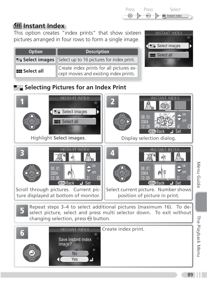 Instant index, Selecting pictures for an index print | Nikon 4800 User Manual | Page 99 / 125