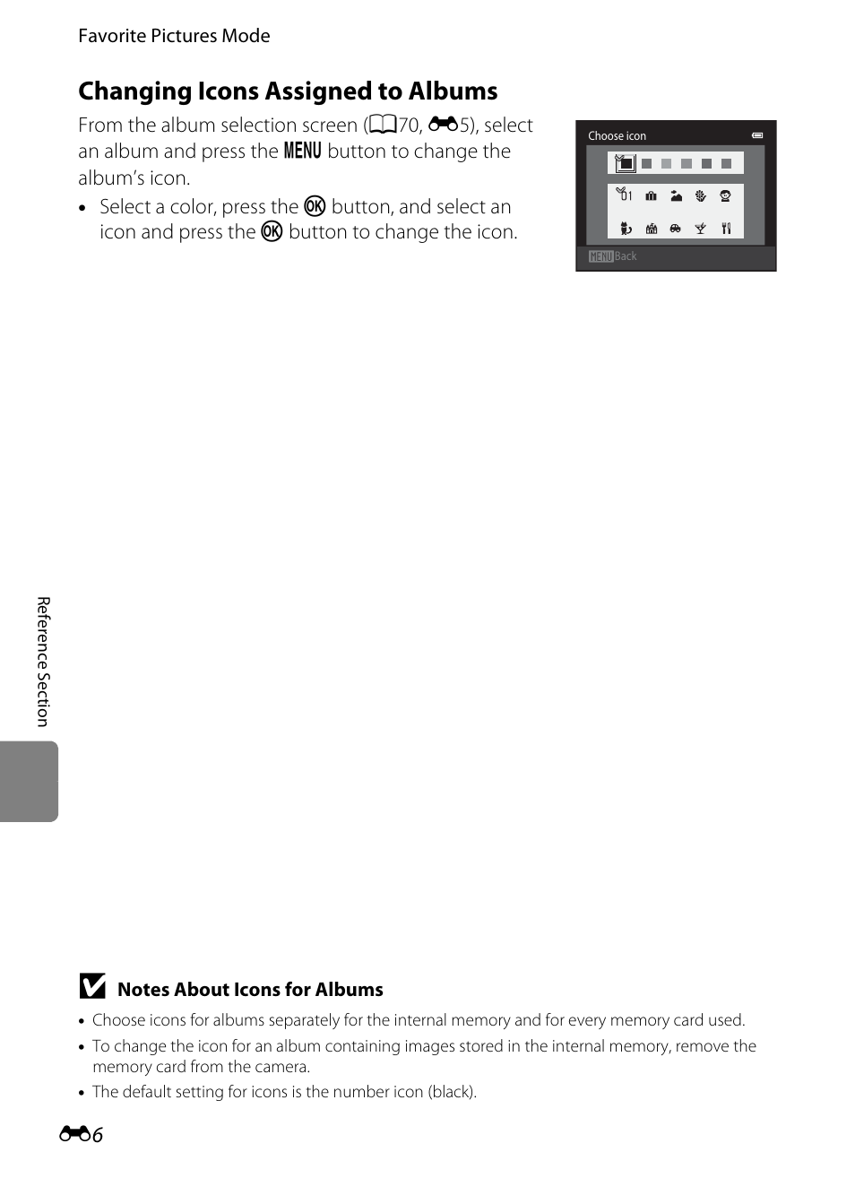 Changing icons assigned to albums, On (e6) | Nikon S3300 User Manual | Page 110 / 204