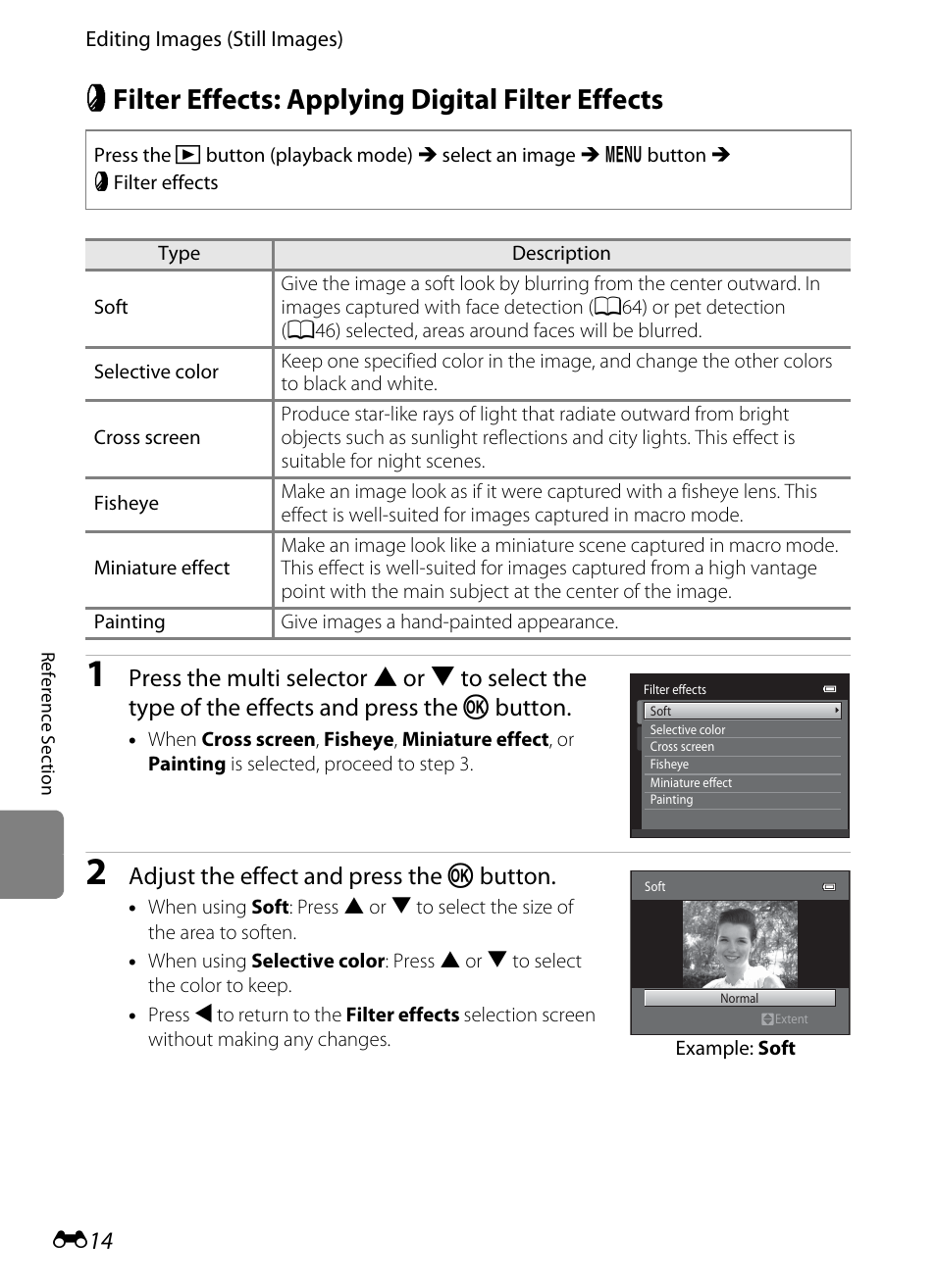 Filter effects: applying digital filter effects, P filter effects: applying digital filter effects, E14) | Adjust the effect and press the k button | Nikon S3300 User Manual | Page 118 / 204