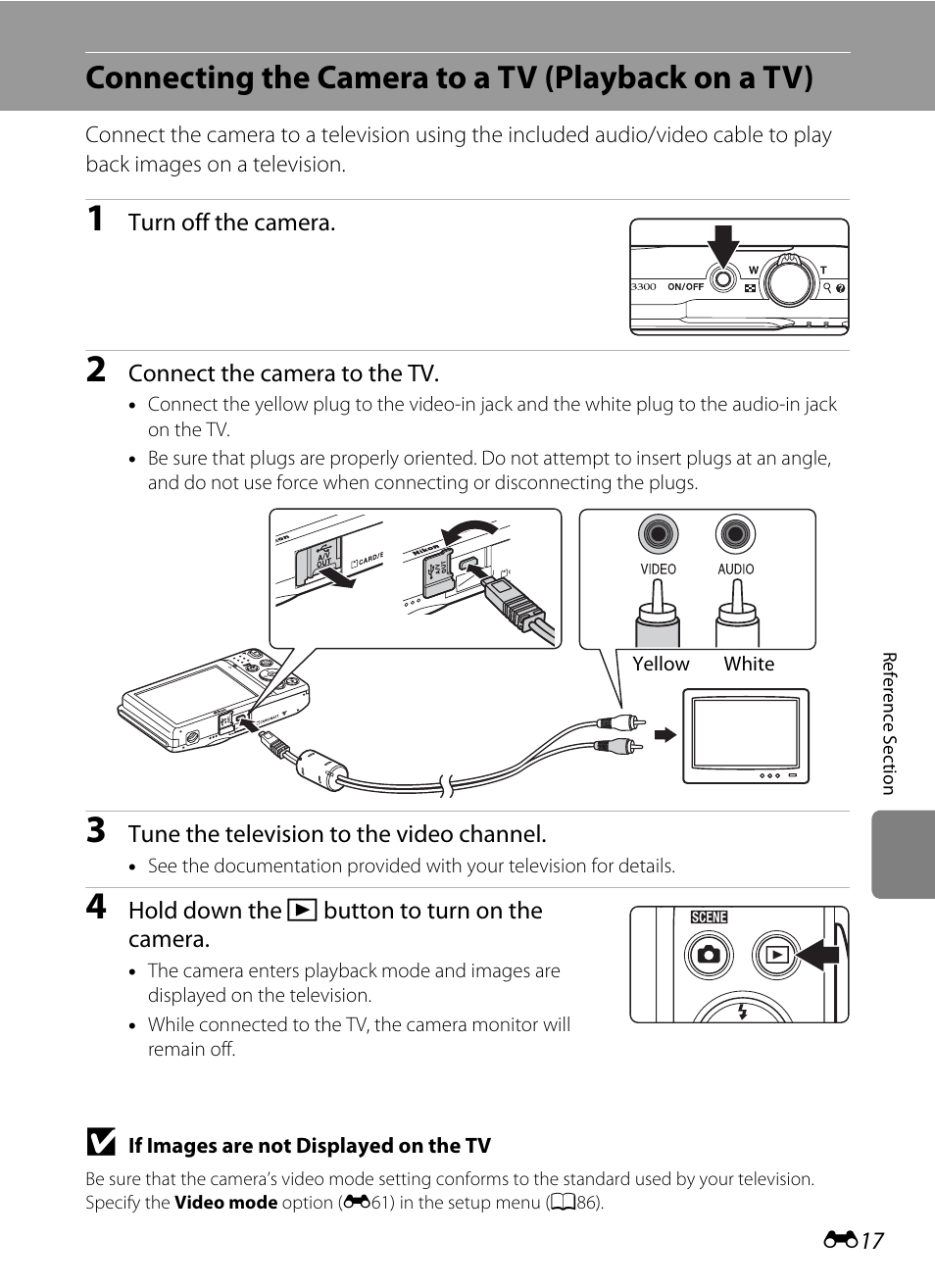 Connecting the camera to a tv (playback on a tv) | Nikon S3300 User Manual | Page 121 / 204