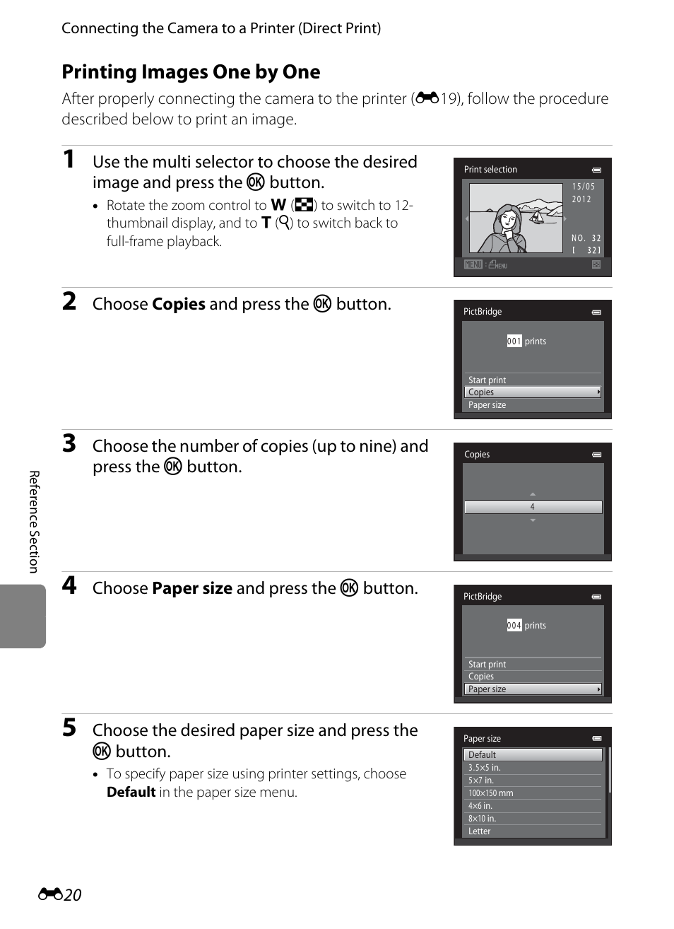 Printing images one by one, E20), Choose copies and press the k button | Choose paper size and press the k button | Nikon S3300 User Manual | Page 124 / 204