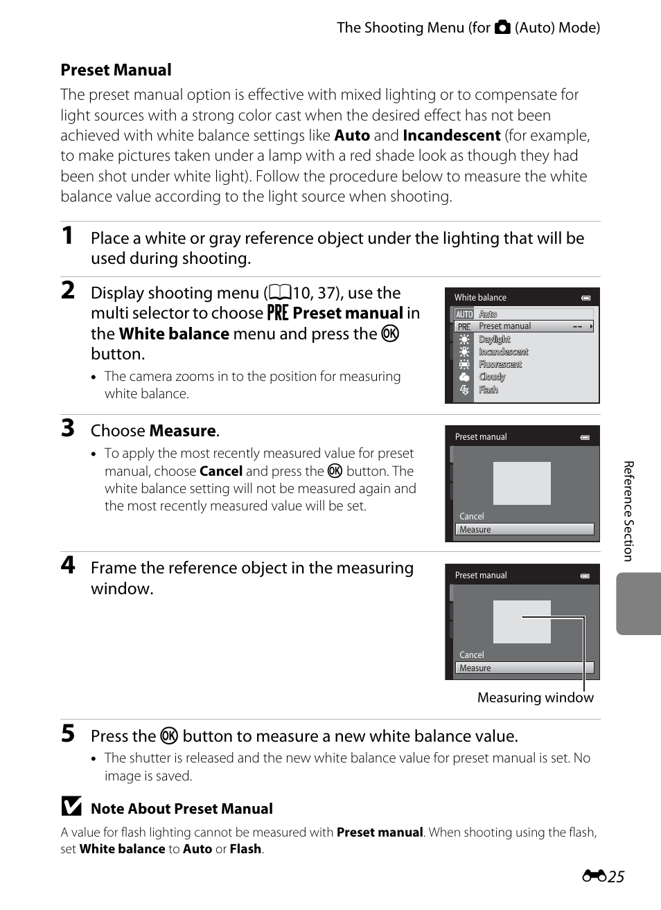 E “preset manual” fo, E25), Preset manual | Choose measure, Frame the reference object in the measuring window | Nikon S3300 User Manual | Page 129 / 204