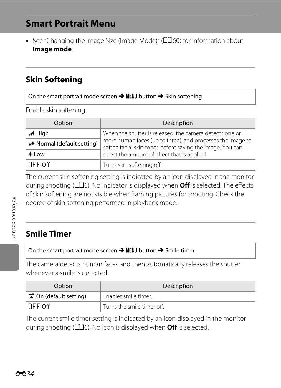 Smart portrait menu, Skin softening, Smile timer | E34) | Nikon S3300 User Manual | Page 138 / 204