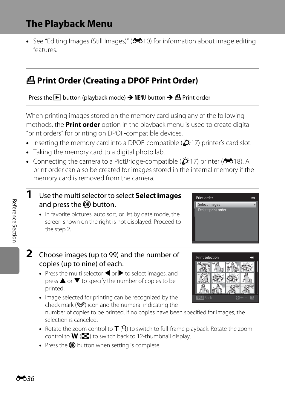 The playback menu, Print order (creating a dpof print order), A print order (creating a dpof print order) | E36) an, E36) | Nikon S3300 User Manual | Page 140 / 204