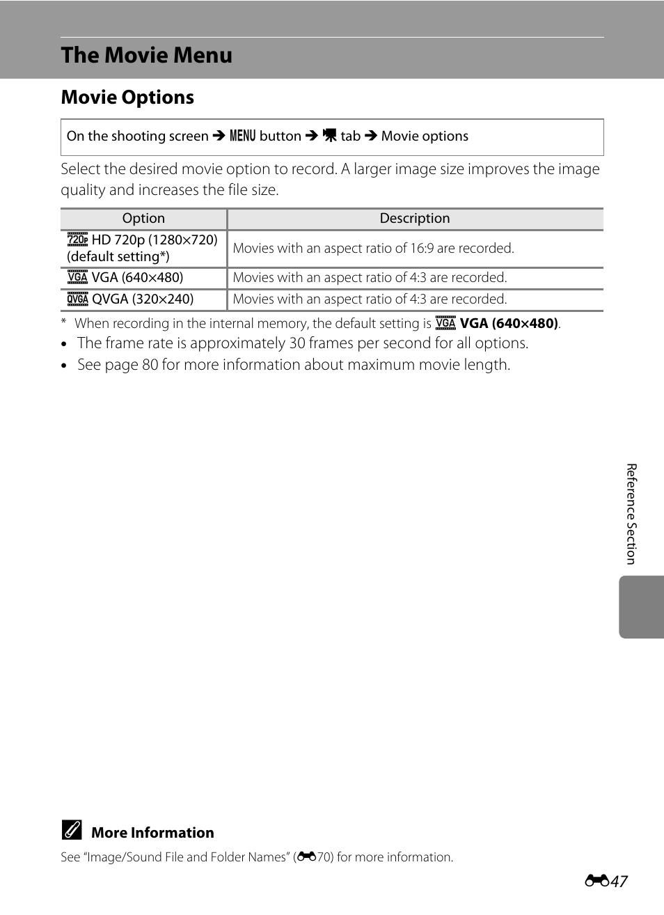 The movie menu, Movie options, E47) is set to | Nikon S3300 User Manual | Page 151 / 204