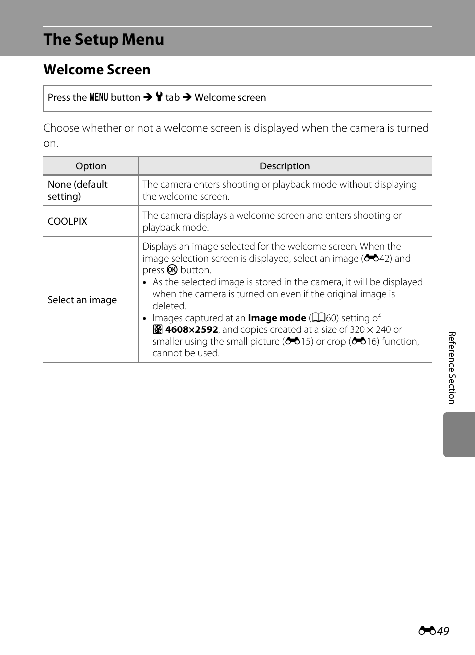 The setup menu, Welcome screen, E49) | Nikon S3300 User Manual | Page 153 / 204