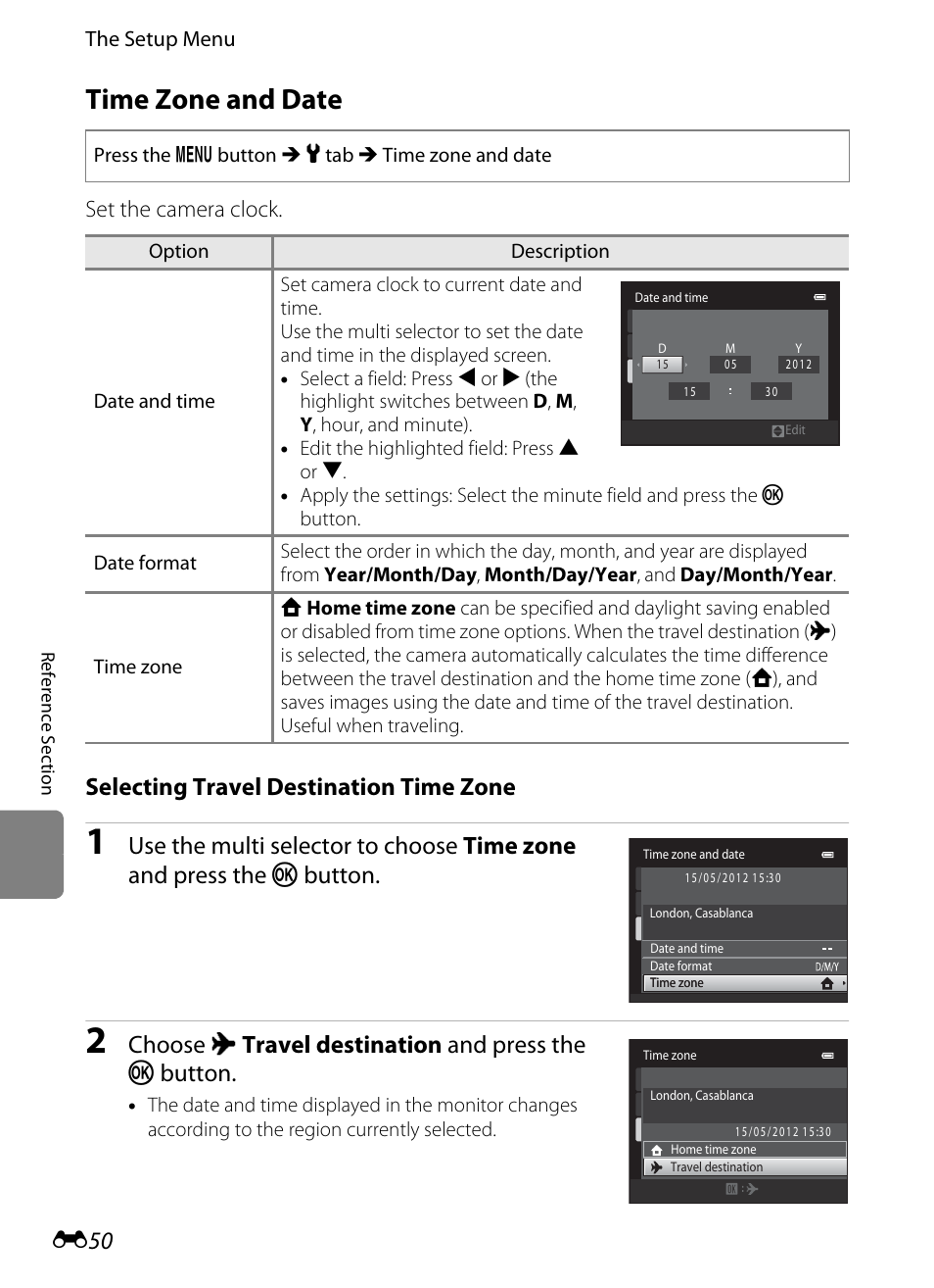 Time zone and date, Selecting travel destination time zone, Choose x travel destination and press the k button | Set the camera clock | Nikon S3300 User Manual | Page 154 / 204