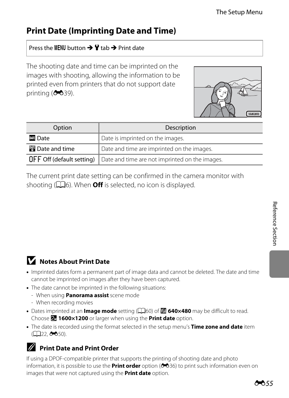 Print date (imprinting date and time), E55) in, E55) | Nikon S3300 User Manual | Page 159 / 204