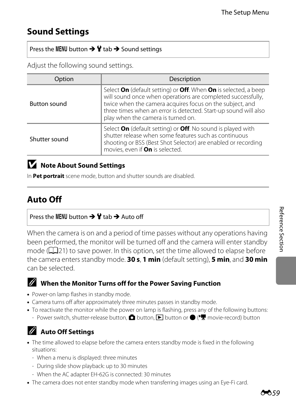 Sound settings, Auto off, E59) | Nikon S3300 User Manual | Page 163 / 204