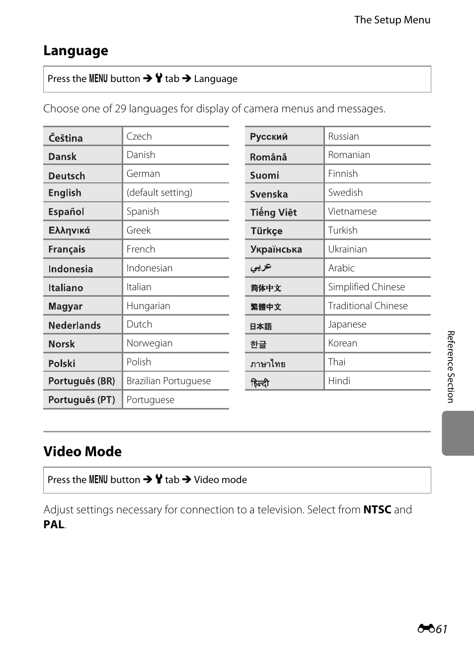 Language, Video mode, E61) in the | Nikon S3300 User Manual | Page 165 / 204