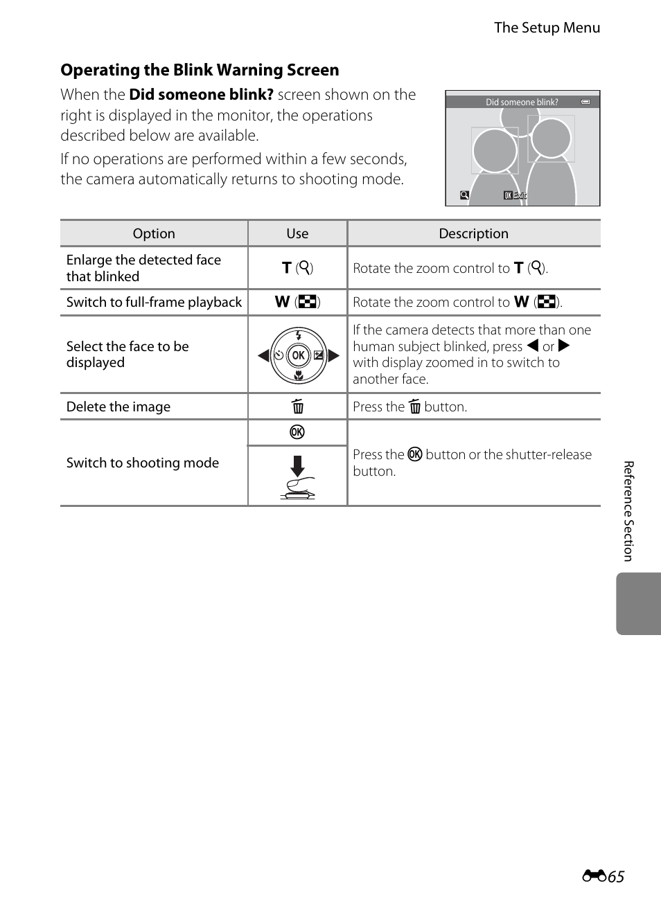 See “operating the blink warning screen, E65) f, Operating the blink warning screen | Nikon S3300 User Manual | Page 169 / 204