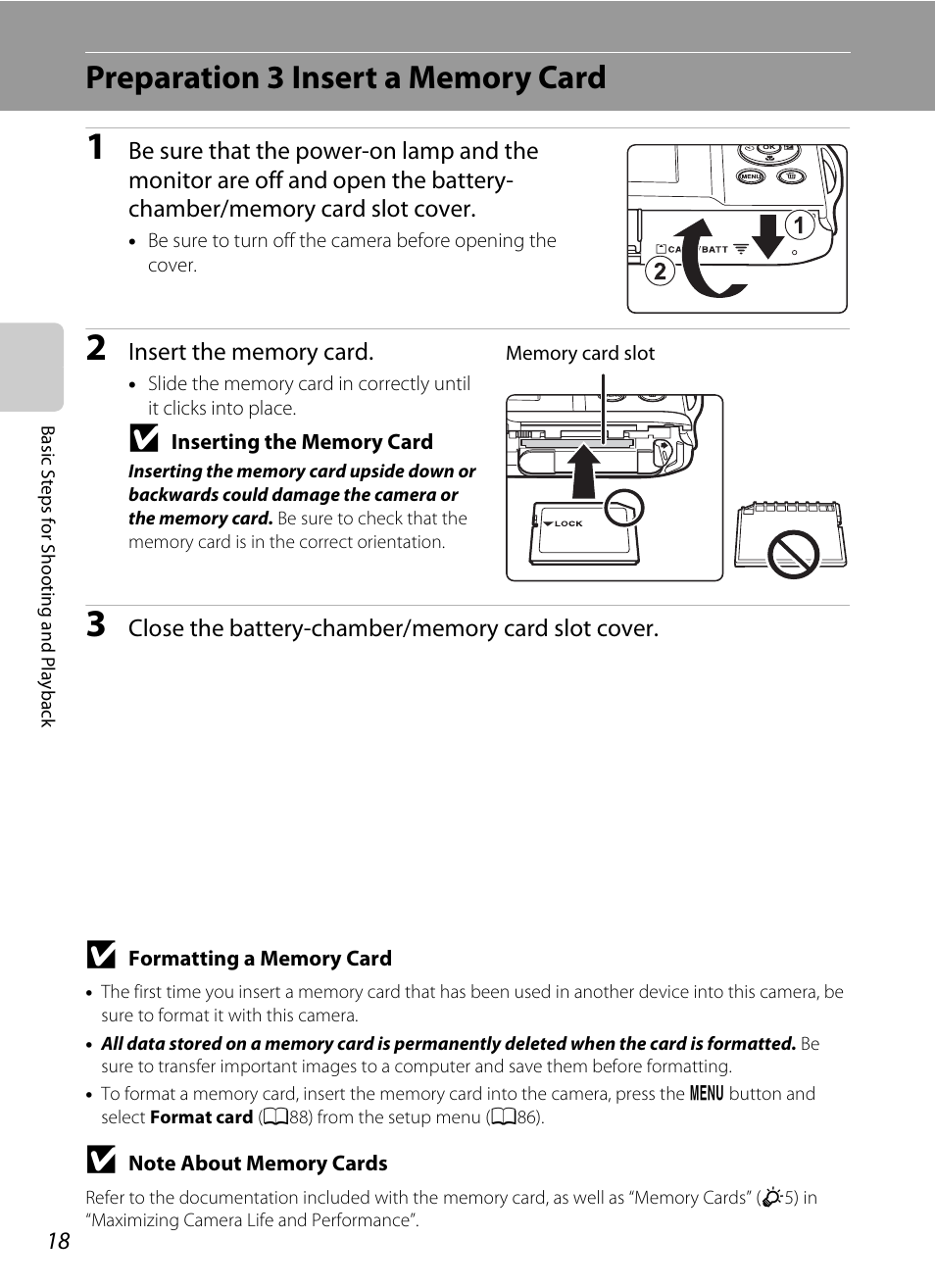 Preparation 3 insert a memory card | Nikon S3300 User Manual | Page 34 / 204