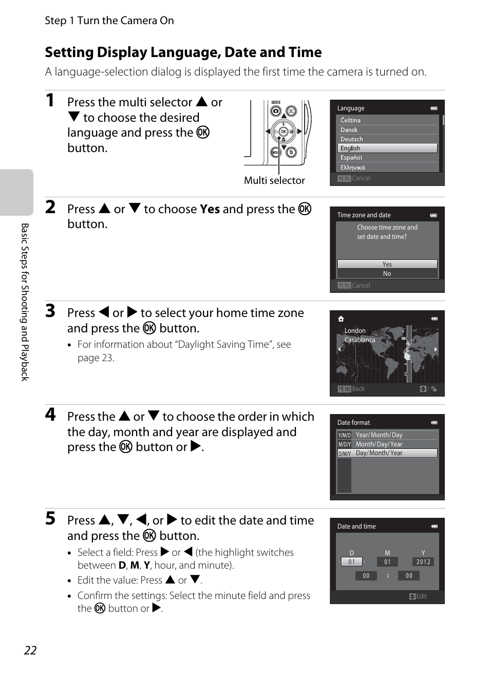 Setting display language, date and time, Setting display language, date and time (first u, Press h or i to choose yes and press the k button | Nikon S3300 User Manual | Page 38 / 204