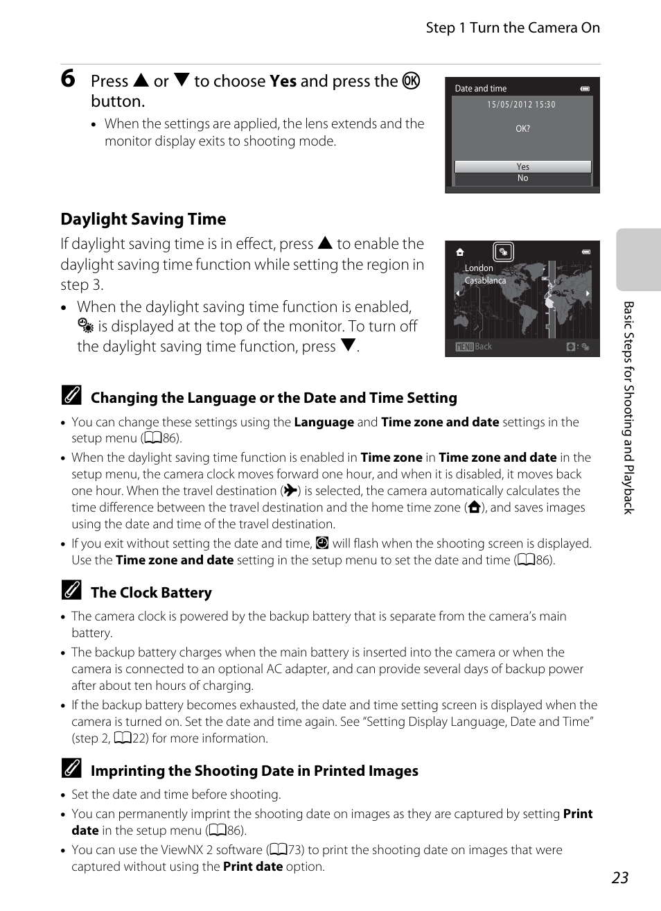 Press h or i to choose yes and press the k button, Daylight saving time | Nikon S3300 User Manual | Page 39 / 204