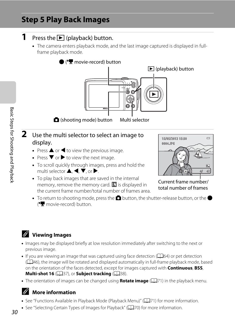 Step 5 play back images, Press the c (playback) button | Nikon S3300 User Manual | Page 46 / 204