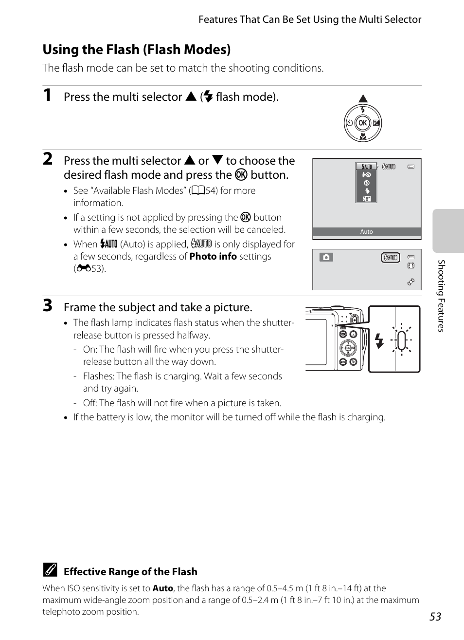 Using the flash (flash modes), A53) or, A53) | Flash mode (a53) | Nikon S3300 User Manual | Page 69 / 204