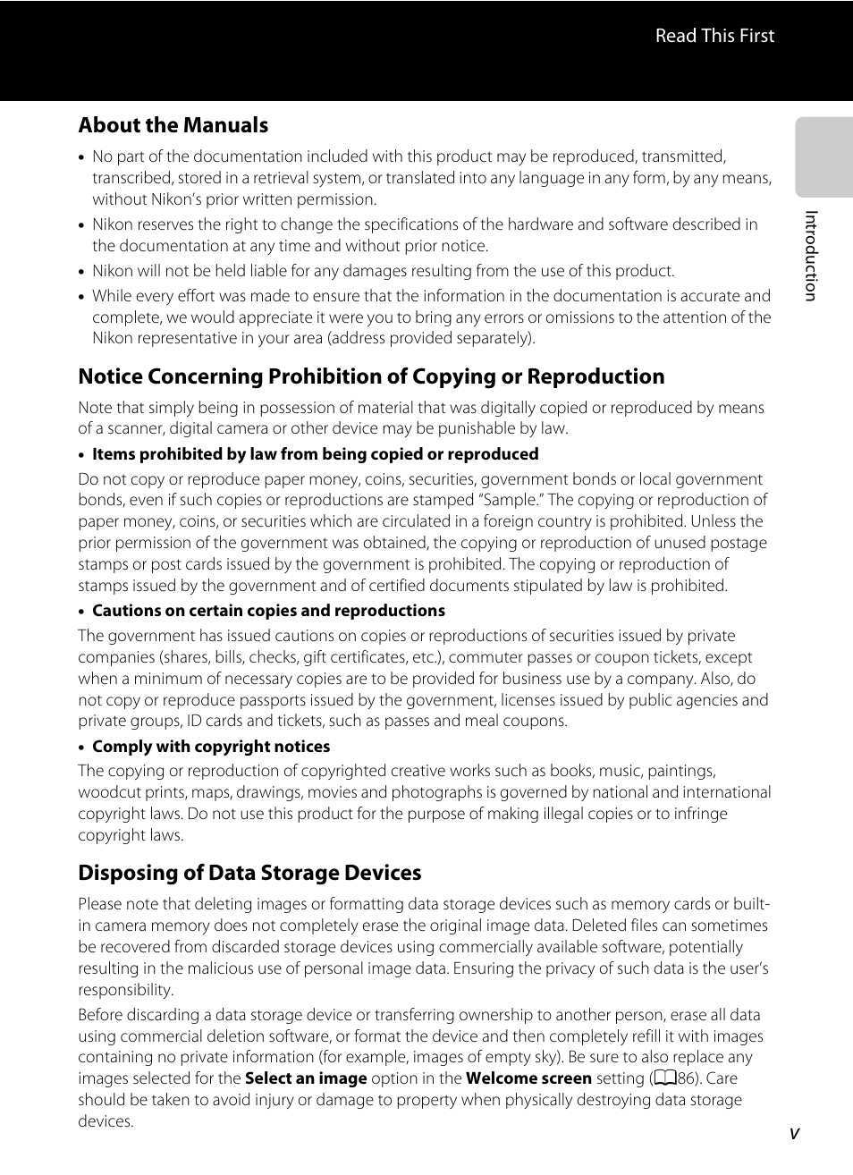 About the manuals, Disposing of data storage devices | Nikon S3300 User Manual | Page 7 / 204