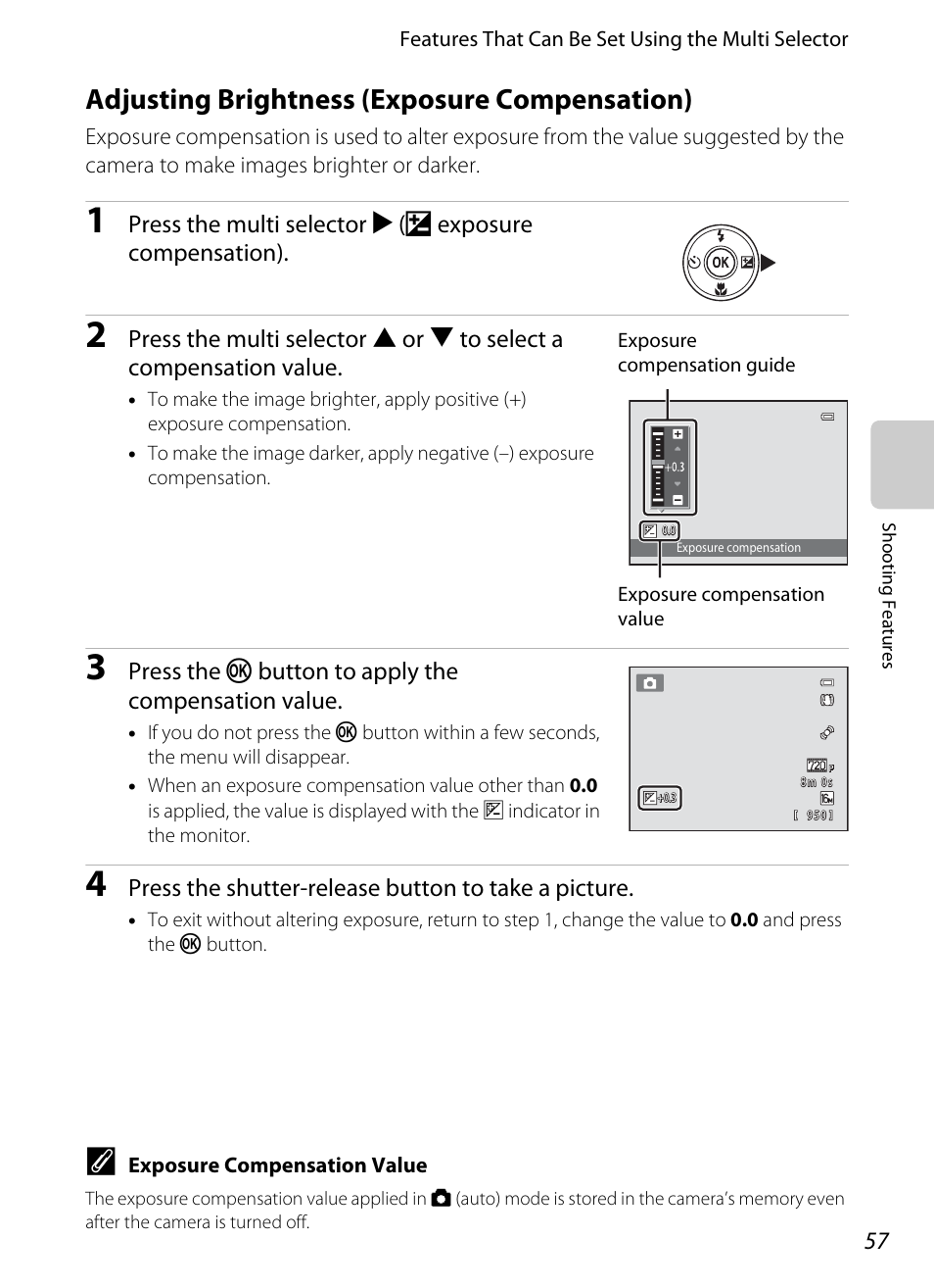 Adjusting brightness (exposure compensation), A57), Ensation | Nikon S3300 User Manual | Page 73 / 204