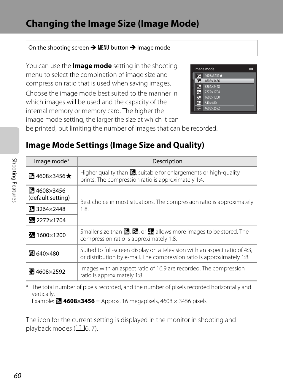 Changing the image size (image mode), Image mode settings (image size and quality), Image size and image quality | A60) | Nikon S3300 User Manual | Page 76 / 204