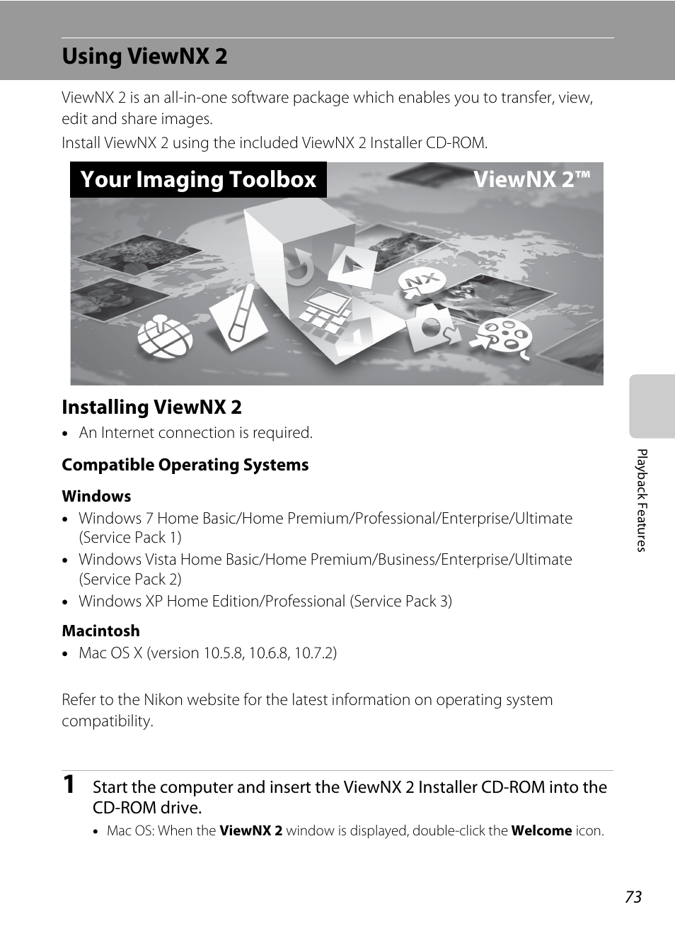 Using viewnx 2, Installing viewnx 2, A73) | Your imaging toolbox viewnx 2 | Nikon S3300 User Manual | Page 89 / 204