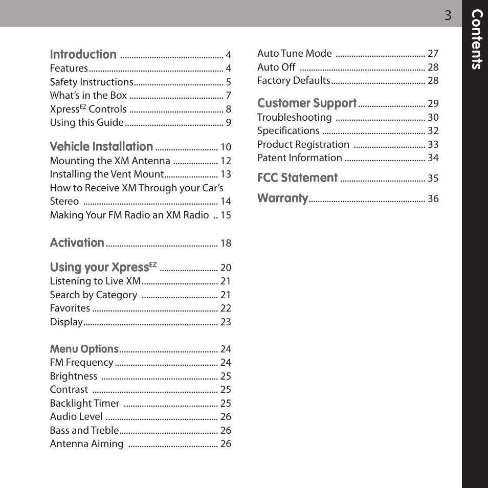 Co n te n ts 3 | Audiovox XPRESSEZ XMCK-5P User Manual | Page 3 / 40