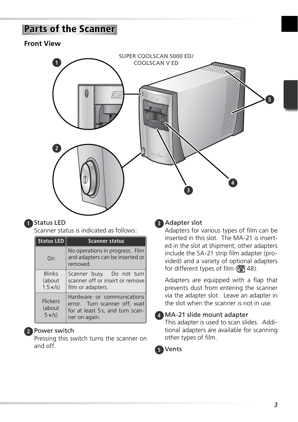 Parts of the scanner | Nikon Super Coolscan LS-5000 - Coolscan V User Manual | Page 12 / 81
