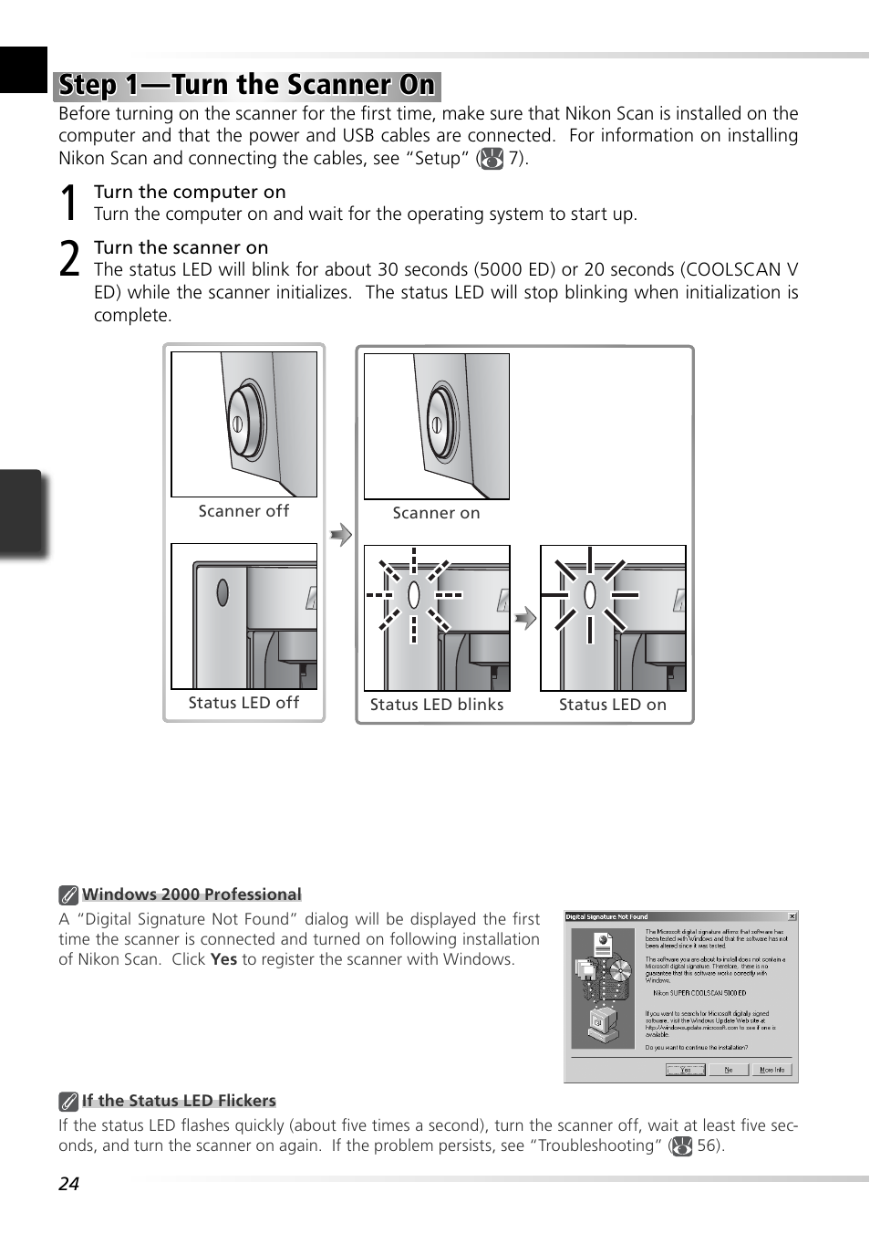 Step 1 — turn the scanner on | Nikon Super Coolscan LS-5000 - Coolscan V User Manual | Page 33 / 81
