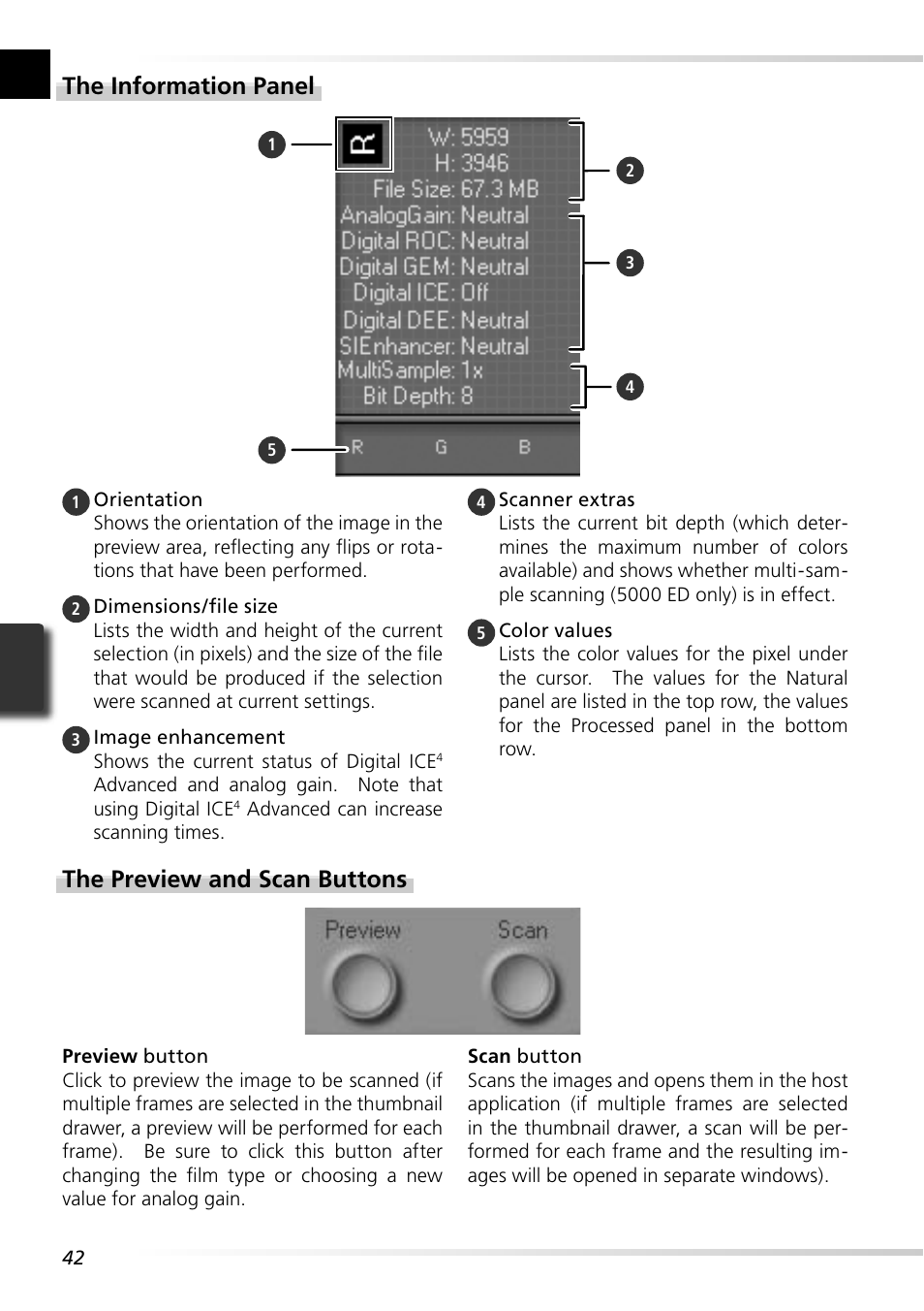 The information panel, The preview and scan buttons | Nikon Super Coolscan LS-5000 - Coolscan V User Manual | Page 51 / 81