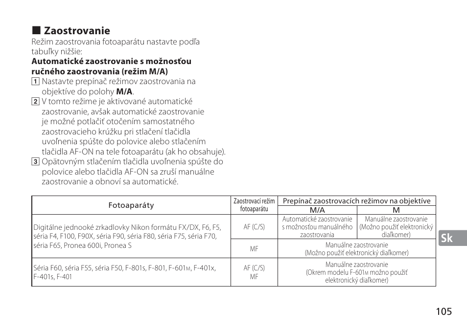Jp de fr es se ru nl it cz sk ck ch kr sk, Zaostrovanie | Nikon AF-S VR 24-120mm f-4G ED User Manual | Page 105 / 152
