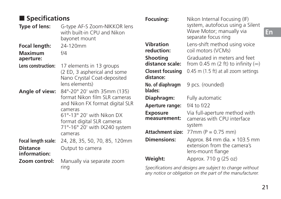 Jp en de fr es se ru nl it cz sk ck ch kr | Nikon AF-S VR 24-120mm f-4G ED User Manual | Page 21 / 152