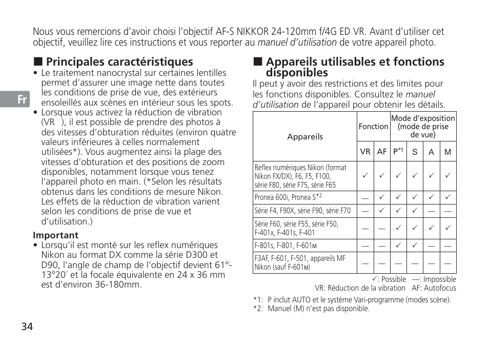 Jp en de fr es se ru nl it cz sk ck ch kr, Appareils utilisables et fonctions disponibles, Principales caractéristiques | Nikon AF-S VR 24-120mm f-4G ED User Manual | Page 34 / 152