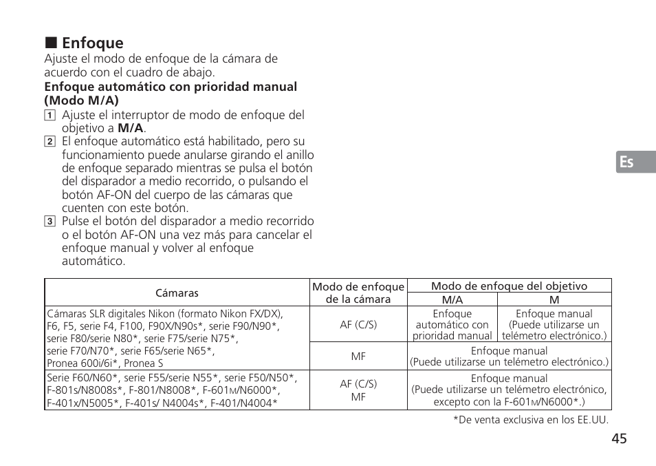 Jp en de fr es se ru nl it cz sk ck ch kr, Enfoque | Nikon AF-S VR 24-120mm f-4G ED User Manual | Page 45 / 152