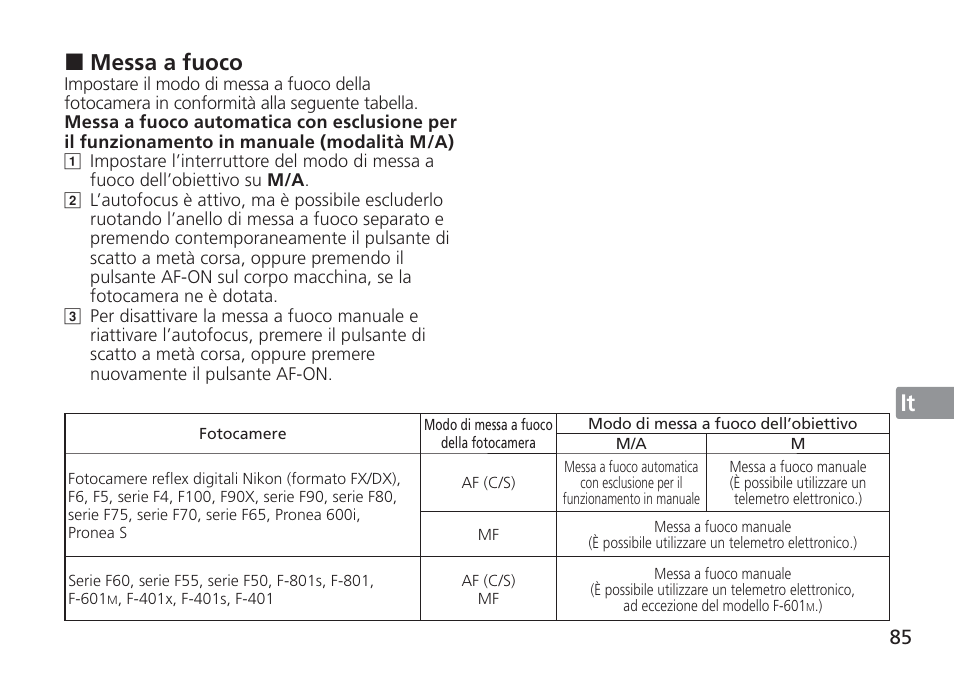 Jp en de fr es se ru nl it cz sk ck ch kr, Messa a fuoco | Nikon AF-S VR 24-120mm f-4G ED User Manual | Page 85 / 152