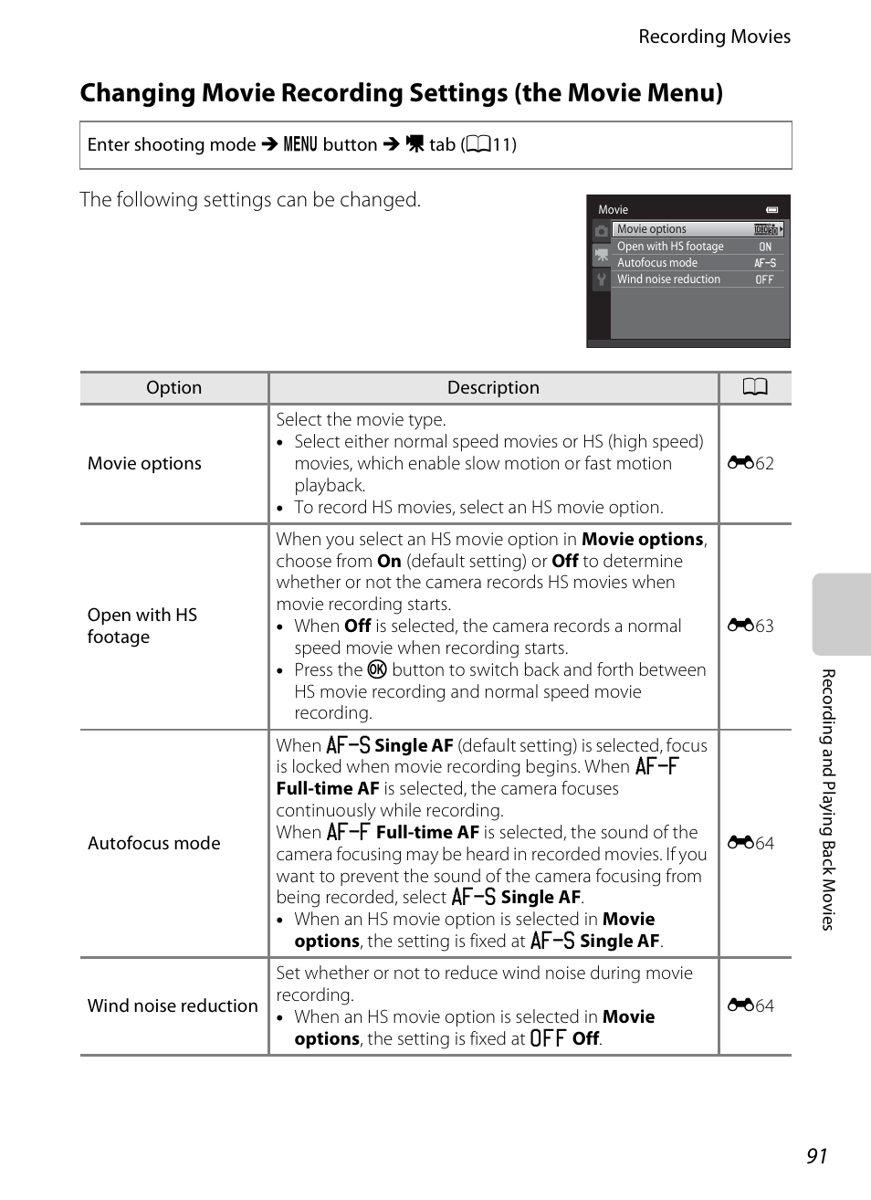Changing movie recording settings (the movie menu), A91), The following settings can be changed | Nikon S6300 User Manual | Page 109 / 232
