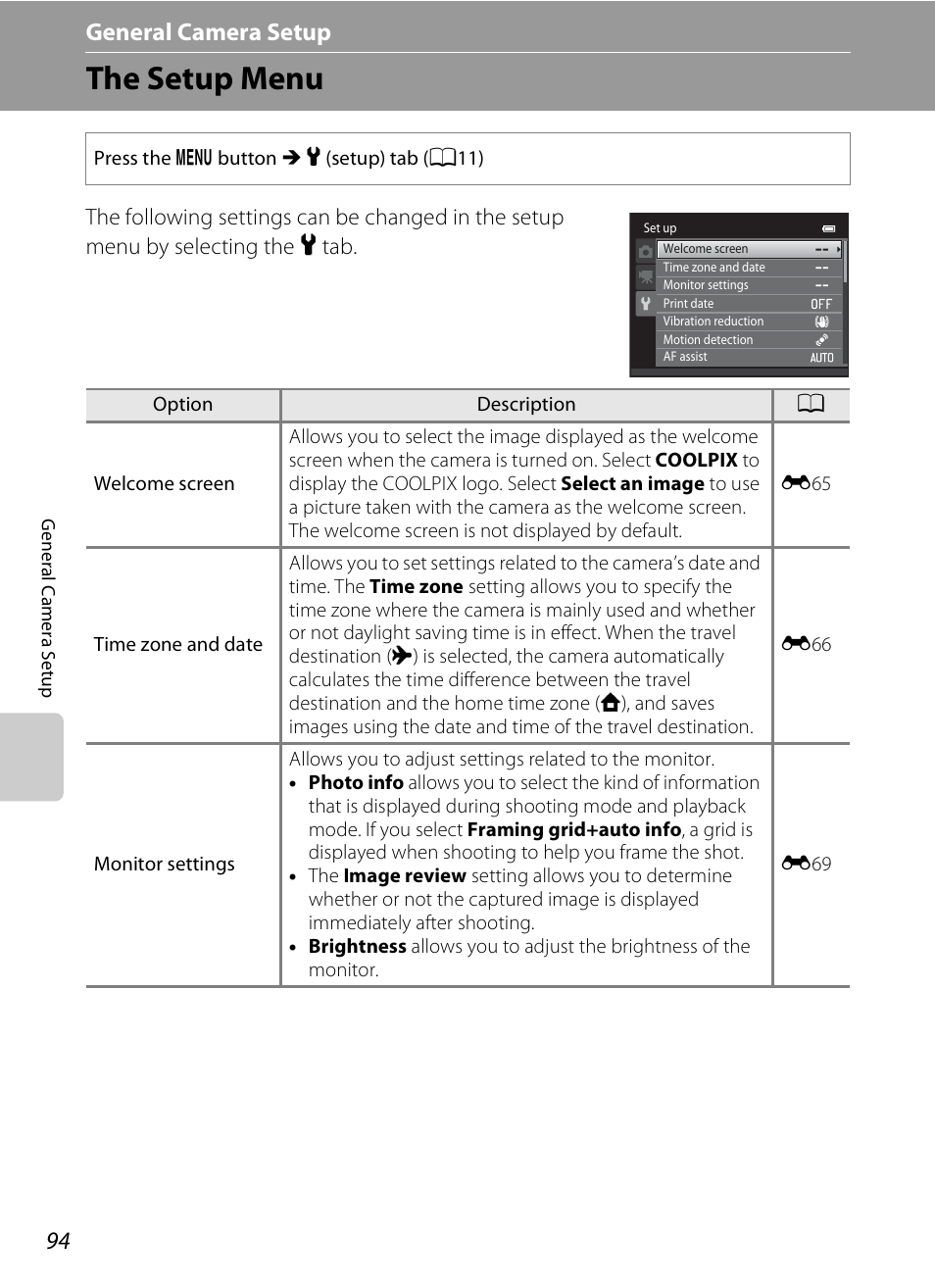 The setup menu, A94), General camera setup | Nikon S6300 User Manual | Page 112 / 232