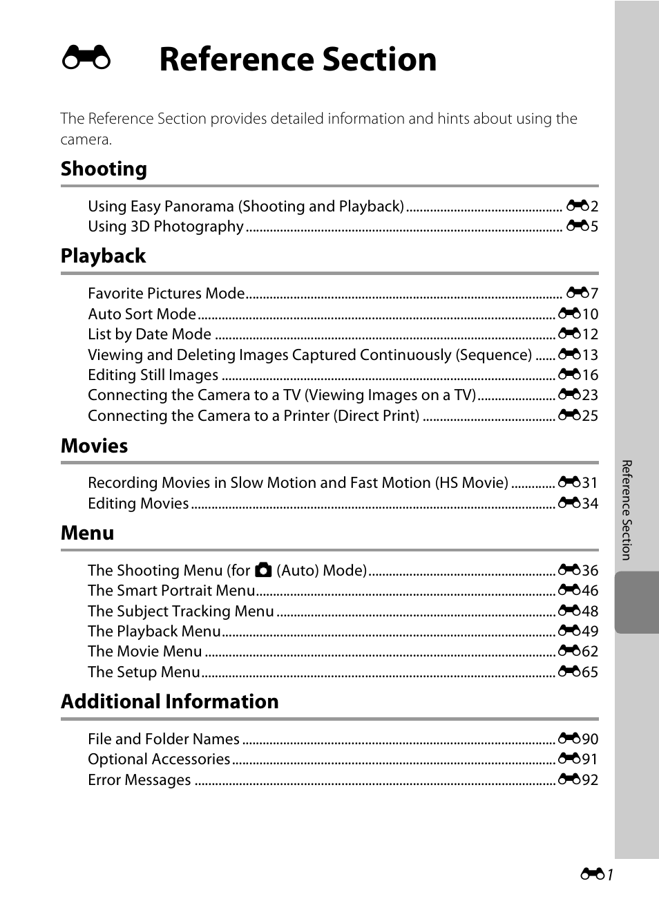Reference section, Shooting, Playback | Movies, Menu, Additional information | Nikon S6300 User Manual | Page 115 / 232
