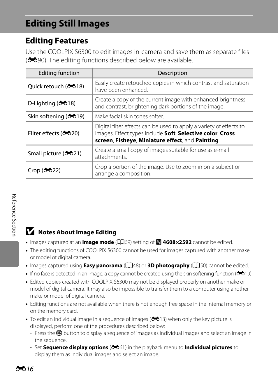 Editing still images, Editing features | Nikon S6300 User Manual | Page 130 / 232