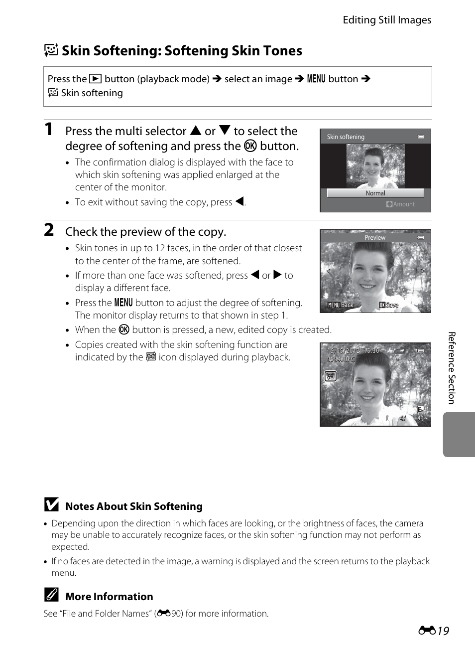 Skin softening: softening skin tones, E skin softening: softening skin tones, E19) | Check the preview of the copy | Nikon S6300 User Manual | Page 133 / 232