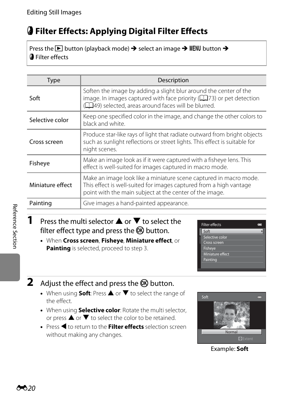 Filter effects: applying digital filter effects, P filter effects: applying digital filter effects, E20) | Adjust the effect and press the k button | Nikon S6300 User Manual | Page 134 / 232